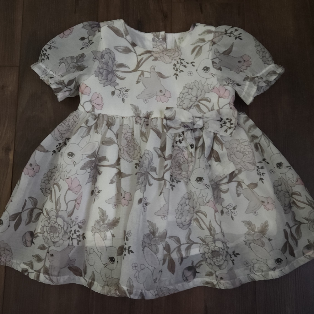 H&M Easter Dress with Pink and Gray Floral, Bunny And Bird Design. 6 Months